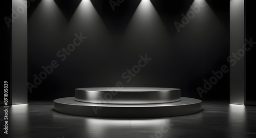 Blank silver template podium black 3d background of presentation pedestal stage studio platform or empty metal stand abstract product display space showcase scene and luxury showroom on dark backdrop.