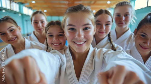 Cheerful Girls in Karate Uniforms Taking a Selfie