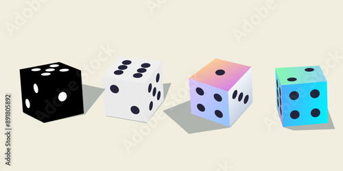 Gambling dice. Set of polyhedral game cubes white, black, colorful in isometric view. To play in casino, roll dice from one to six points with random numbers. Good luck concept. Vector illustration