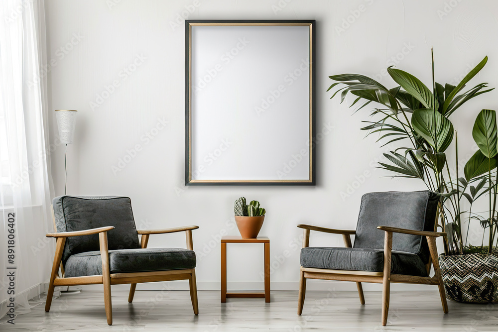 A white room with two chairs and a potted plant. A white room with two chairs and a potted plant.