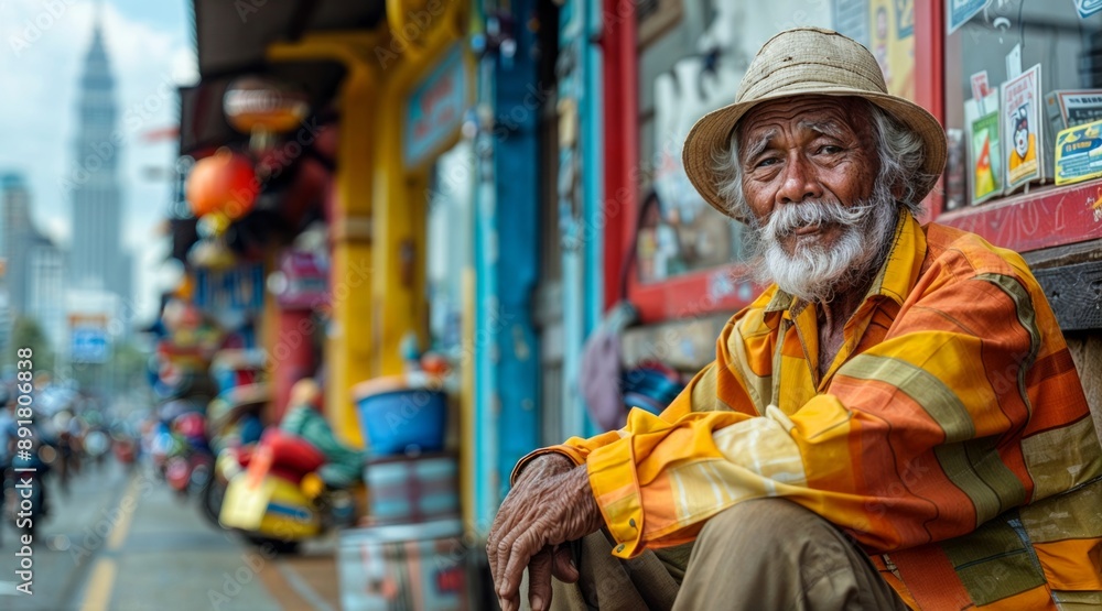 An old Asian man sits on the sidewalk. An old Asian man sits on the sidewalk.
