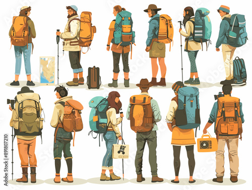 Hiking people set. Tourists with backpacks and backpacks. Vector illustration