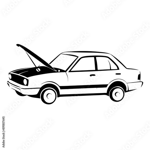 line art illustration of car , automobile with the bonnet, hood open, 