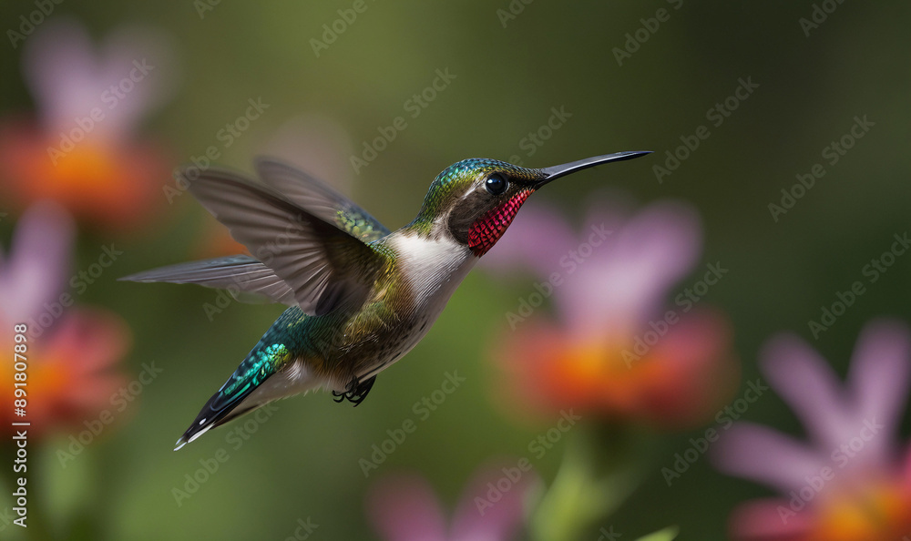 Fototapeta premium Hummingbird in Action Wings Blurring in Motion While Drinking Nectar from Vibrant Blooms in a Garden