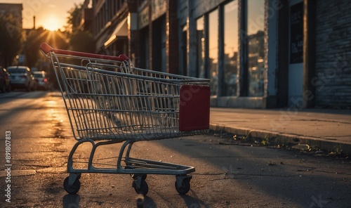Solitary shopping cart on empty street at sunrise.