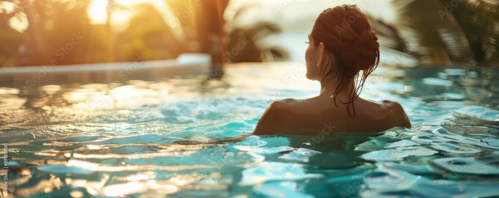 Woman relaxing in a spa pool with her hair up, enjoying the water. Woman relaxing in a spa pool with her hair up, enjoying the water.