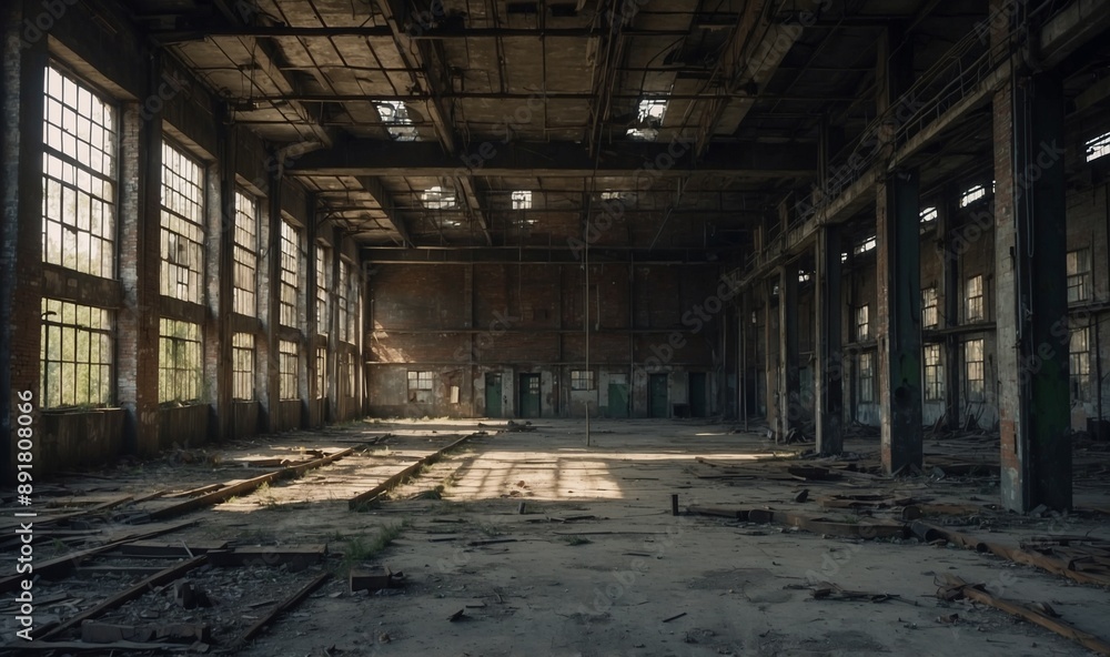 Vast, dusty abandoned warehouse with broken windows Vast, dusty abandoned warehouse with broken windows