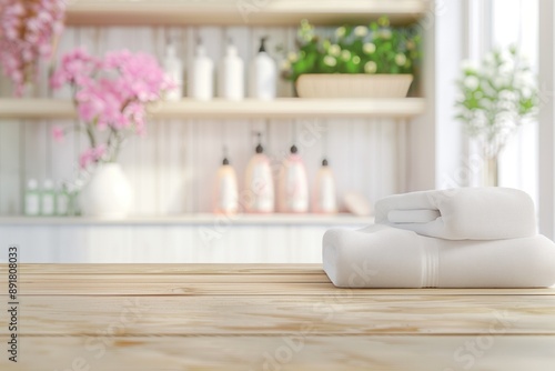 Wooden table with spa accessories in the background, featuring folded white towels and floral decor. Perfect for advertising spa salons and body care products. High quality illustration