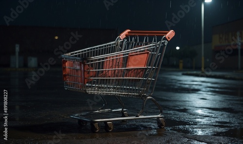 Lonely shopping cart in an empty, wet parking lot at night