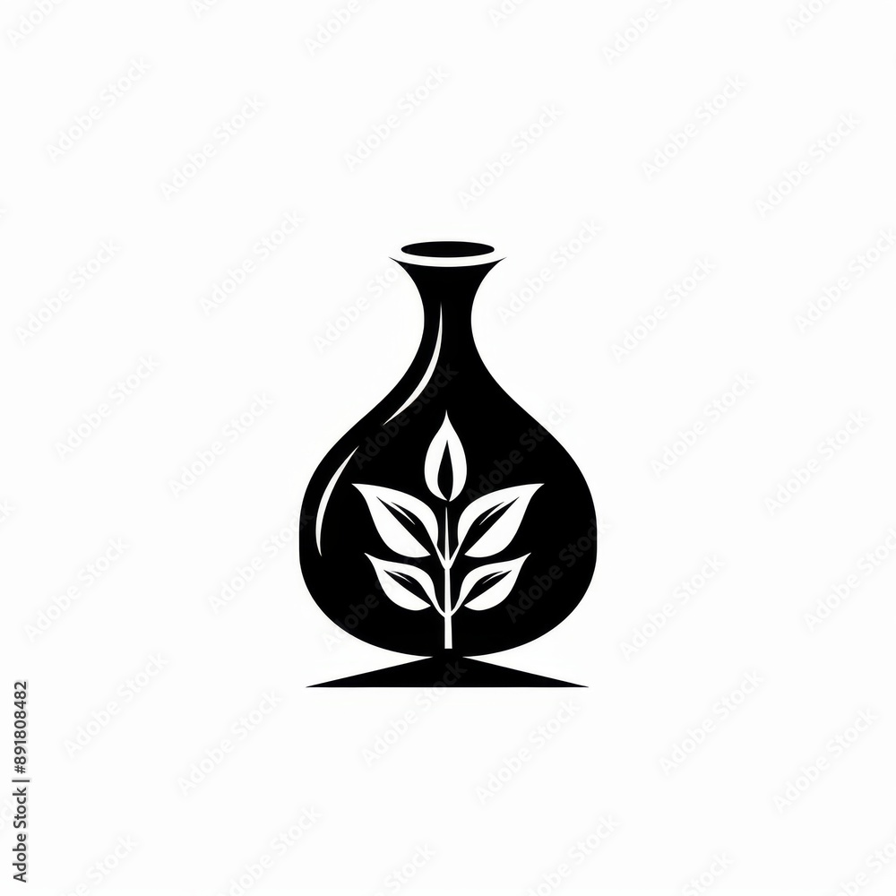 Minimalist Black and White Vase with Leaf Design Isolated on White Background. Minimalist Black and White Vase with Leaf Design Isolated on White Background.