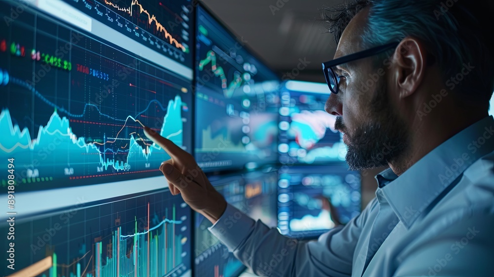 Financial Analyst Discussing Market Trends in Modern Office Financial Analyst Discussing Market Trends in Modern Office