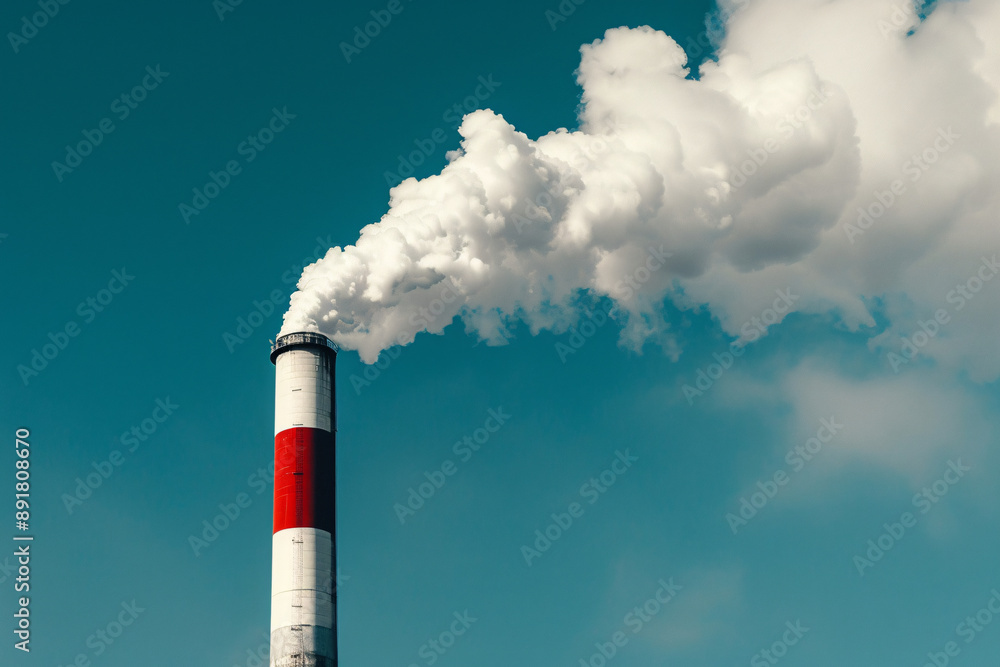 A smokestack with a red stripe emits thick white smoke against a clear blue sky A smokestack with a red stripe emits thick white smoke against a clear blue sky