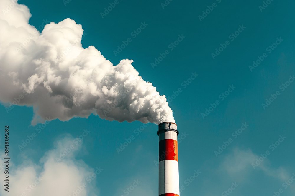 Factory smoke stack emitting thick white smoke against a clear blue sky Factory smoke stack emitting thick white smoke against a clear blue sky