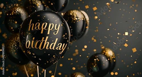Festive background with black balloons and golden confetti for a birthday party.