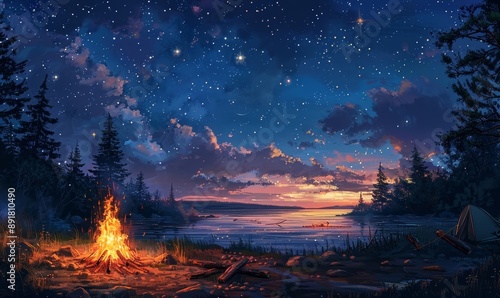 The beautiful night sky at sunset, the shining stars and the moon, the warm bonfire, the sound of burning wood, the sound of crickets, and comfortable, Generative AI