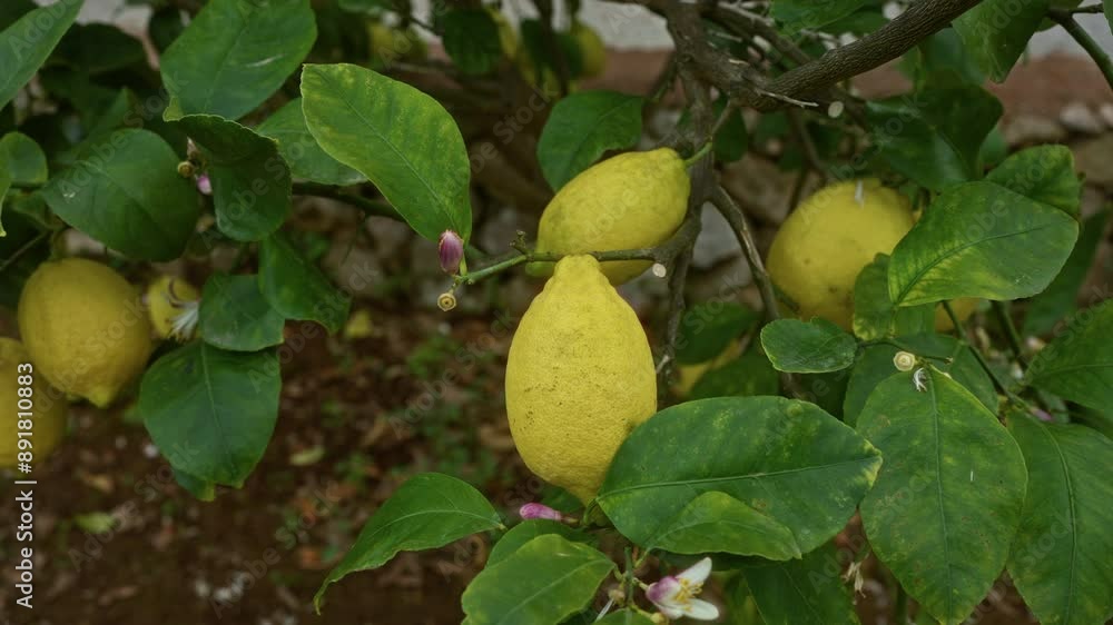 Close-up of ripe lemons hanging on a lemon tree with green leaves and pink buds in an outdoor setting in puglia, italy. Close-up of ripe lemons hanging on a lemon tree with green leaves and pink buds in an outdoor setting in puglia, italy.