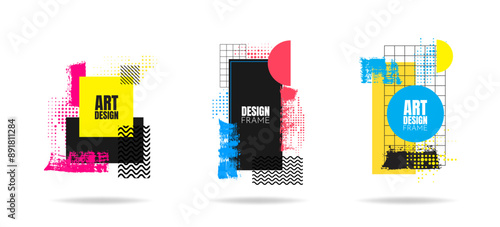 Vector illustration. Dynamic stylish frames. Linear graphic elements for design invitations, gift cards, flyers, web banners, covers. Memphis pattern, linear grid, brush stroke smear, halftone dots