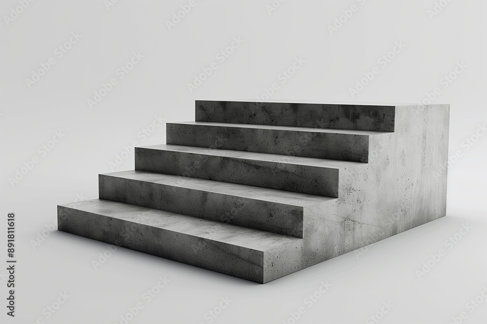 
of a collection of 3D simple primitive minimalist stairs, each distinctly positioned on a neutral grey background
