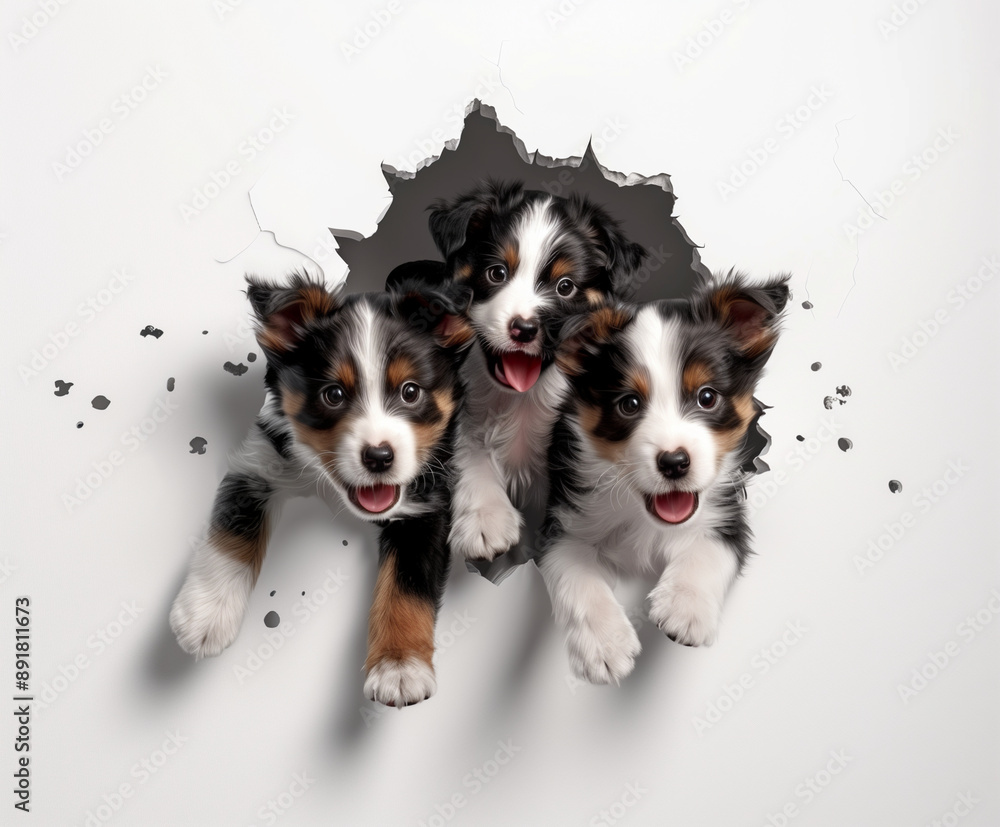 Playful Pupsters: Three adorable Australian Shepherd puppies burst through a torn white backdrop, their playful energy and irresistible smiles ready to steal your heart. Playful Pupsters: Three adorable Australian Shepherd puppies burst through a torn white backdrop, their playful energy and irresistible smiles ready to steal your heart.