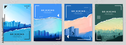 Vector illustration. Travel concept of discovering, exploring and observing nature. Hiking. Climbing. Adventure tourism. Flat design elements brochure, magazine, book cover, invitation, poster, flyer
