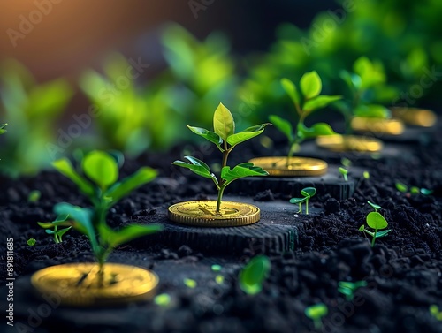 Green plants growing on golden coins, steps, dark background, business success,