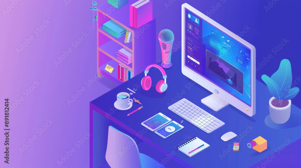 An isometric illustration of a person conducting a video conference on a large computer screen, vibrant colors, clean and detailed design An isometric illustration of a person conducting a video conference on a large computer screen, vibrant colors, clean and detailed design
