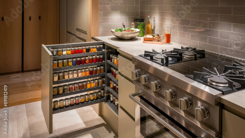 A kitchen with a stove and oven, spice rack in the cabinet, AI