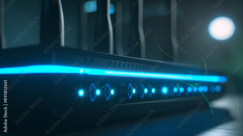 A detailed view of a Wi-Fi router's interface, showing the blinking lights and connected cables, symbolizing seamless wireless communication in a tech-filled environment. A detailed view of a Wi-Fi router's interface, showing the blinking lights and connected cables, symbolizing seamless wireless communication in a tech-filled environment.