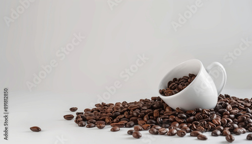 Coffee Bean Spill: A white porcelain cup spills its contents, revealing a cascade of roasted coffee beans against a clean, minimalist backdrop. The scene exudes a sense of warmth and indulgence.