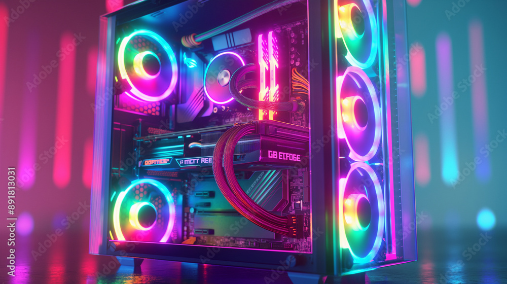 Side view of a PC desktop computer case with a transparent side panel, showcasing a meticulously organized interior with RGB lighting. Side view of a PC desktop computer case with a transparent side panel, showcasing a meticulously organized interior with RGB lighting.