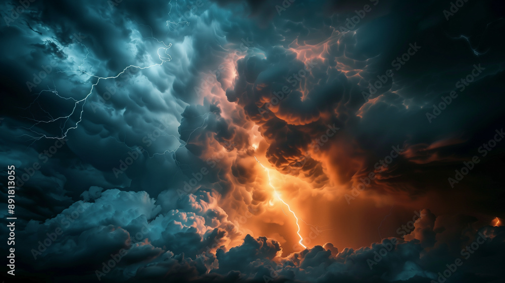 Stormy Skies: A dramatic and intense photograph of a powerful lightning strike illuminating a vast, swirling storm cloud. The image captures the raw power and beauty of nature's fury. Stormy Skies: A dramatic and intense photograph of a powerful lightning strike illuminating a vast, swirling storm cloud. The image captures the raw power and beauty of nature's fury.