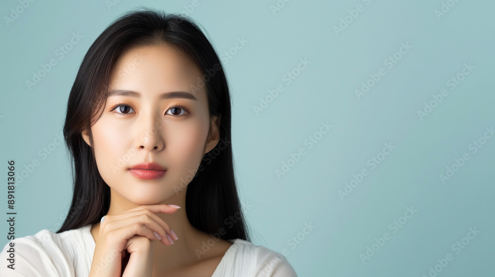 A confident young Asian woman with flawless skin and sleek hair, elegantly posing with her hand on her chin, against a minimalist copy space background. A confident young Asian woman with flawless skin and sleek hair, elegantly posing with her hand on her chin, against a minimalist copy space background.