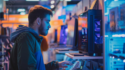 A customer comparing different PC desktop computer cases in a store, examining features and aesthetics before making a decision. © Maksym