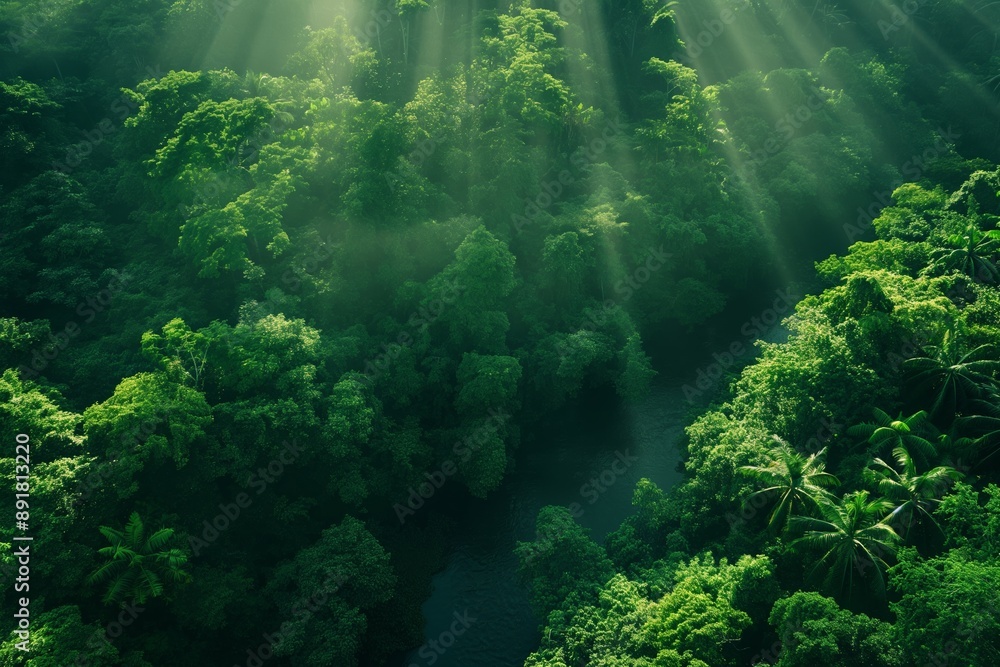 Scenic rainforest with sunlight piercing through lush greenery and fog, creating a tranquil woodland scene. Scenic rainforest with sunlight piercing through lush greenery and fog, creating a tranquil woodland scene.