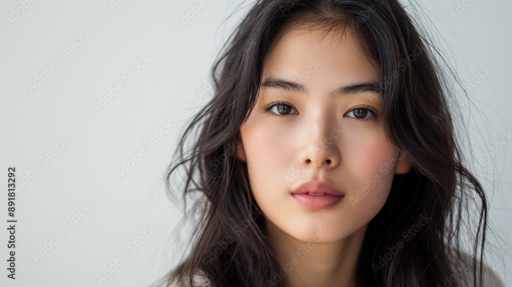 Close-up portrait of an attractive Asian model with a confident gaze, against a minimalist, light-colored background for copy space. Close-up portrait of an attractive Asian model with a confident gaze, against a minimalist, light-colored background for copy space.