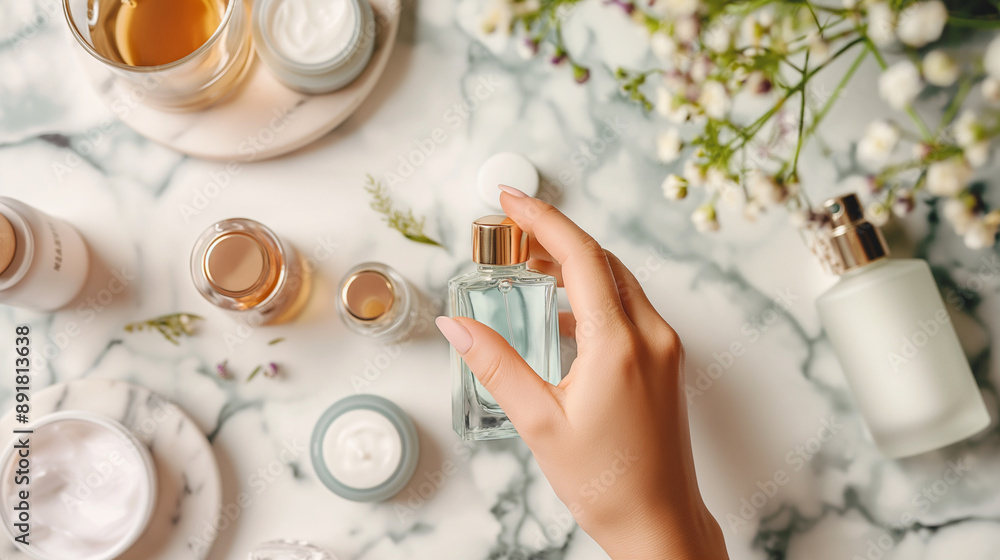 A womanâs hand reaching for a bottle of perfume on a chic vanity table, surrounded by other skin care essentials, promoting the allure and sophistication of self-care and natural b A womanâs hand reaching for a bottle of perfume on a chic vanity table, surrounded by other skin care essentials, promoting the allure and sophistication of self-care and natural b