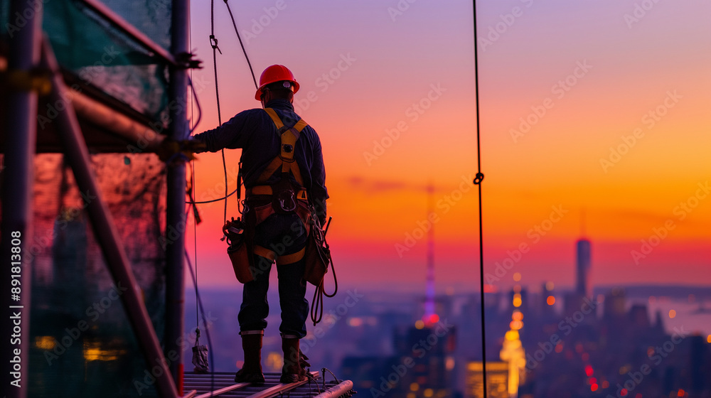 A construction worker standing on a scaffolding platform high above the ground, with safety harness and safety line clearly visible. The background features an expansive view of a A construction worker standing on a scaffolding platform high above the ground, with safety harness and safety line clearly visible. The background features an expansive view of a