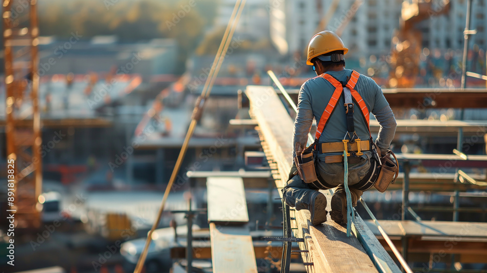 A dramatic shot of a construction worker balanced on a beam high above the ground, secured by a safety harness and line. The image captures the worker's focused expression, with a A dramatic shot of a construction worker balanced on a beam high above the ground, secured by a safety harness and line. The image captures the worker's focused expression, with a