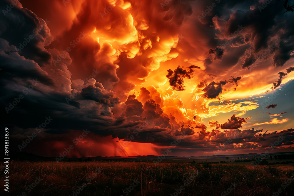 Fiery Sky: A dramatic and awe-inspiring sunset illuminates the sky with vibrant orange and red hues, casting an ethereal glow over a vast field as a storm brews in the distance. Fiery Sky: A dramatic and awe-inspiring sunset illuminates the sky with vibrant orange and red hues, casting an ethereal glow over a vast field as a storm brews in the distance.