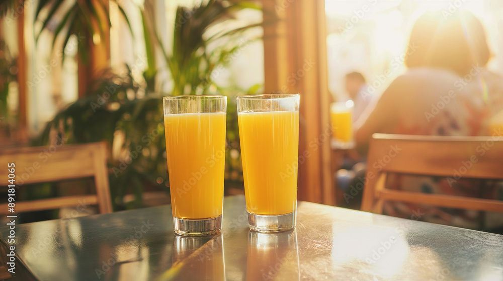 Two glasses of freshly squeezed orange juice placed on a sleek table, with a young man and woman laughing and talking in a cozy cafeteria interior, natural light streaming through Two glasses of freshly squeezed orange juice placed on a sleek table, with a young man and woman laughing and talking in a cozy cafeteria interior, natural light streaming through