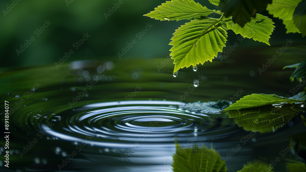 Clear water droplets ripple on a fresh green leaf Clear water droplets ripple on a fresh green leaf