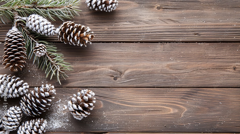 Festive fir tree branches in snow on wooden background with copy space for christmas and new year Festive fir tree branches in snow on wooden background with copy space for christmas and new year