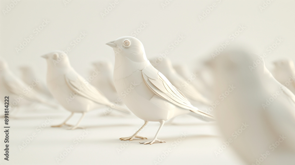 Fototapeta premium White Bird Flock: A minimalist and serene image of a flock of white birds in a row, symbolizing unity, peace, and harmony. The soft.