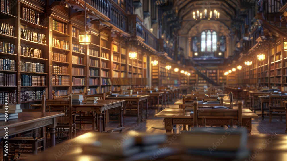 A grand library interior featuring rows of bookshelves, wooden tables, and soft lighting, creating a serene study atmosphere. A grand library interior featuring rows of bookshelves, wooden tables, and soft lighting, creating a serene study atmosphere.