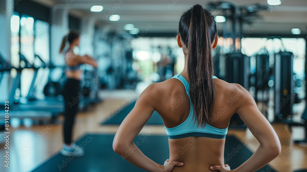 Rear back view of a young woman flexing her muscles, standing on a mat in a spacious gym. Her personal trainer is slightly blurred in the background, giving instructions. Copy spac Rear back view of a young woman flexing her muscles, standing on a mat in a spacious gym. Her personal trainer is slightly blurred in the background, giving instructions. Copy spac
