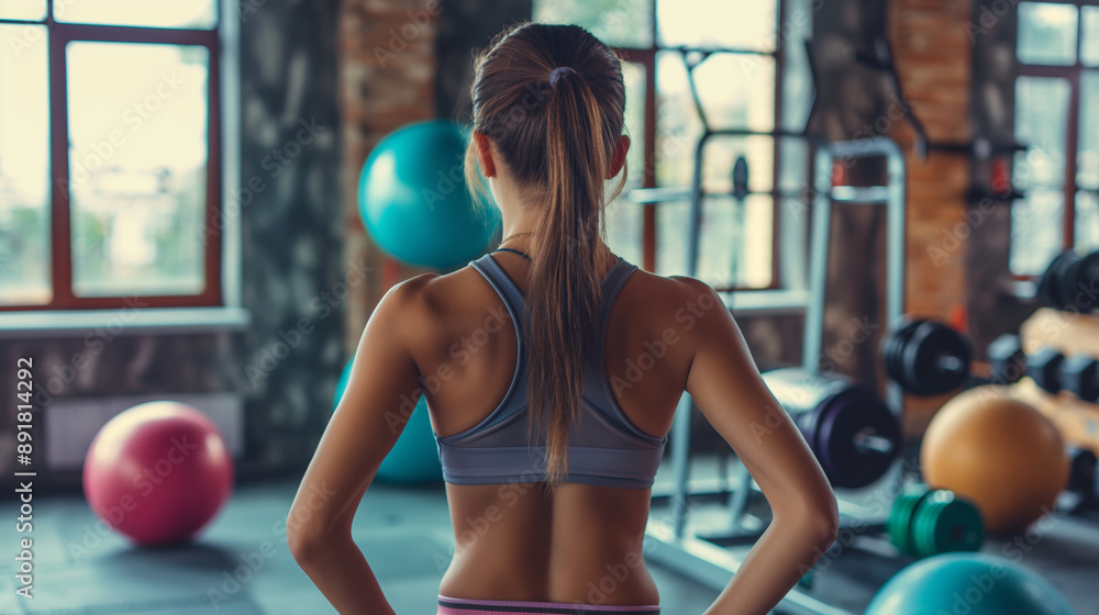 Rear back view of a young woman displaying her strong muscles in a gym with a modern interior. Exercise balls and weights are scattered around. Copy space on the right side of the Rear back view of a young woman displaying her strong muscles in a gym with a modern interior. Exercise balls and weights are scattered around. Copy space on the right side of the