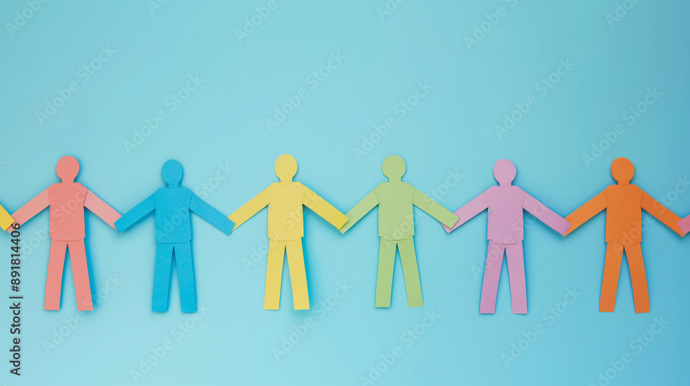 A row of colorful paper cut out humans holding hands against a serene blue studio backdrop. Each figure is a different color, illustrating unity in diversity. Row of diverse people A row of colorful paper cut out humans holding hands against a serene blue studio backdrop. Each figure is a different color, illustrating unity in diversity. Row of diverse people