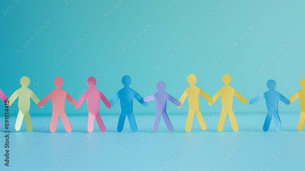 A row of colorful paper cut out humans holding hands against a serene blue studio backdrop. Each figure is a different color, illustrating unity in diversity. Row of diverse people A row of colorful paper cut out humans holding hands against a serene blue studio backdrop. Each figure is a different color, illustrating unity in diversity. Row of diverse people