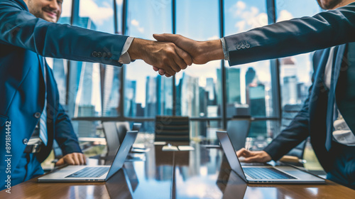Businessmen in elegant suits engaged in a fist bump in a stylish office space with a large conference table and a cityscape view. Male investors assembled together, agreeing to coo