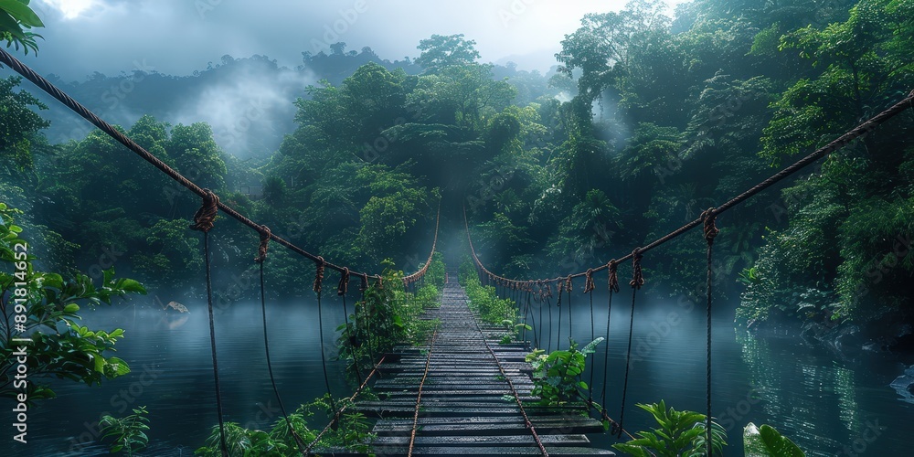 Obraz premium Misty Autumn Bridge in Colorful Forest